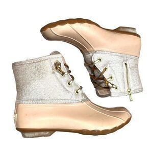 SPERRY Rose Gold Pink Silver Saltwater Duck Boots Shoes Waterproof Rubber Boots